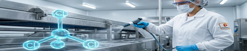 Lab technician in protective gear uses a handheld tool beside stainless steel processing equipment, with a blue molecular model overlay.
